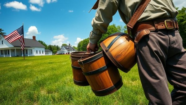 Historic site in Michigan travel guide 2024, reenactor carrying buckets.