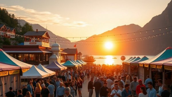 Vibrant Michigan Sustainable Tourism Summit at sunset, scenic waterfront view.