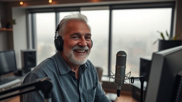 Older man in studio with foggy Michigan backdrop, smiling near microphone.