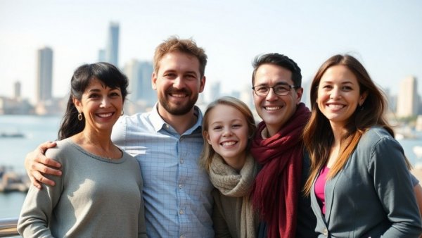 Family smiling together with scenic city backdrop