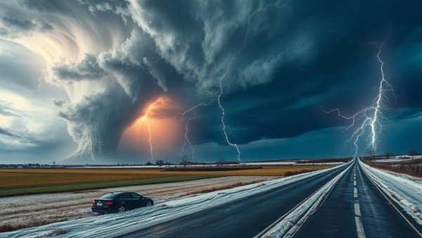 Dramatic weather phenomena with tornado, lightning, flood, and snow in Wisconsin.