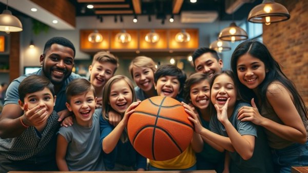 Cheerful group at Shaq’s Big Chicken restaurant in Michigan, vibrant setting.