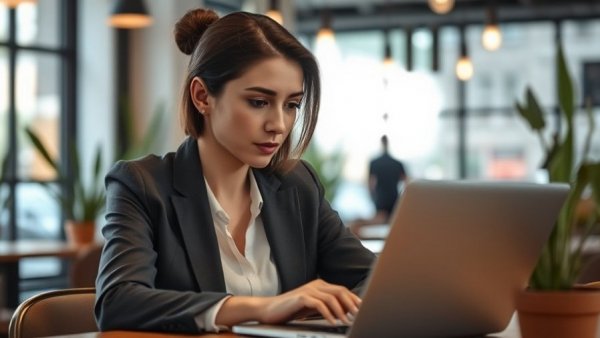 Businesswoman managing cash flow challenges, working on a laptop.
