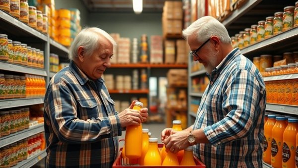 Elderly couple shopping at a food pantry with canned goods.