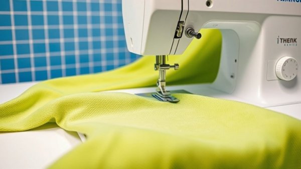 Close-up of sewing machine with green fabric in studio lighting.