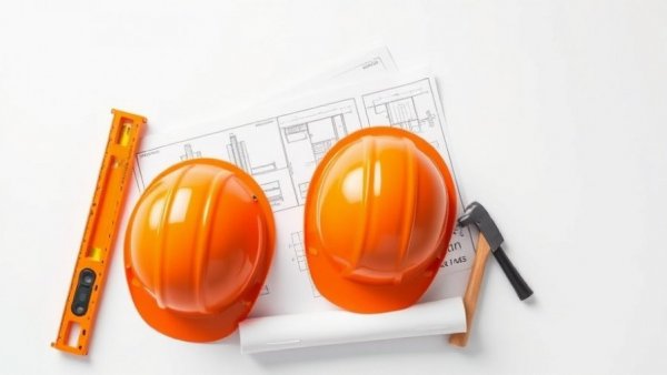 Construction tools and helmets on blueprints for custom home building services in Denver.
