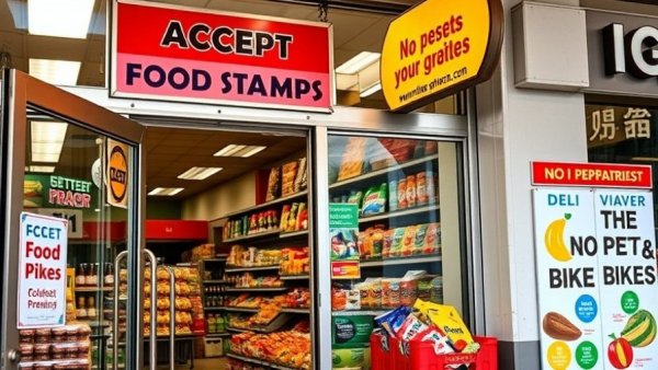 Storefront accepting food stamps with vibrant deli posters and signs in Michigan.