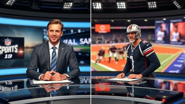 Sports news broadcast with two hosts discussing March Madness predictions 2026.