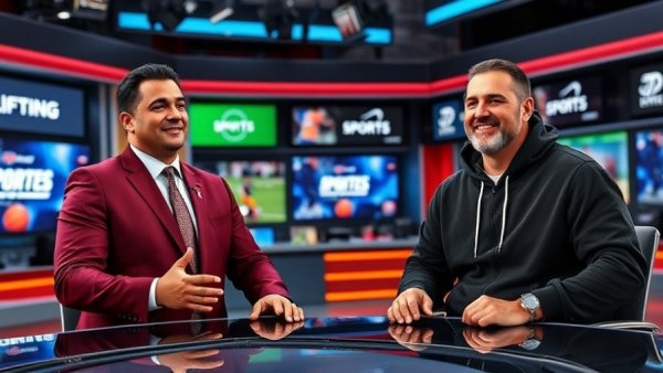 Sports show hosts in a studio with vibrant displays and sports memorabilia.