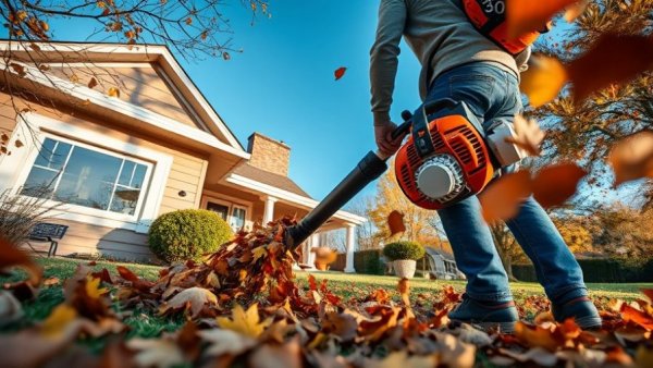Person using Stihl BRA 280 backpack blower on brick driveway.
