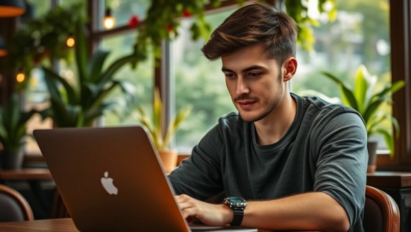 Freelancer working on laptop in a cozy café setting.