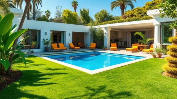 Luxurious backyard with pool and vibrant lawn, Muskegon lawn services