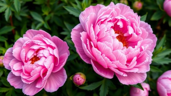 Lush pink 'Sarah Bernhardt' peonies in full bloom in a garden setting.