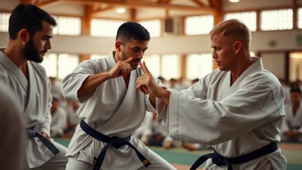 Authentic Shotokan karate training session with practitioners in a dojo.