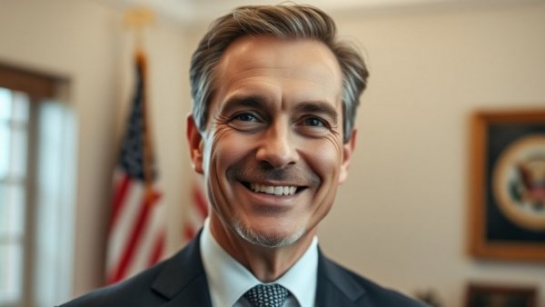 Confident middle-aged man in formal setting with flag, Michigan rural healthcare crisis.