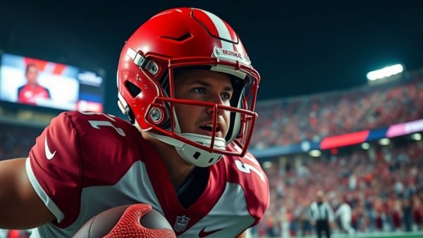 Football player running on field in stadium, Michigan medical clearance for athletes.