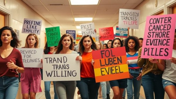 Group supporting gender-affirming care at Michigan Medicine with banners.
