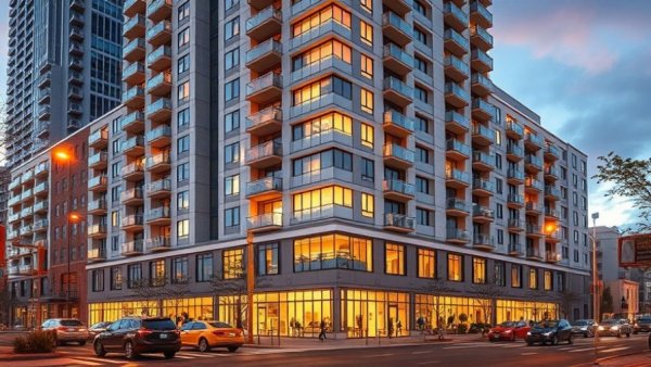 Modern multifamily real estate investment building on city street.