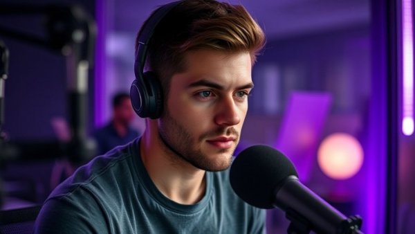 Young man podcasting in dimly lit studio, AI creator marketing.