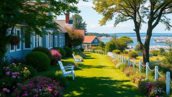 Mackinac Island summer view with vibrant greenery and houses.