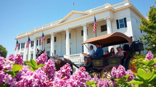 Horse-drawn carriage in front of a historic hotel on Mackinac Island, vibrant summer setting.