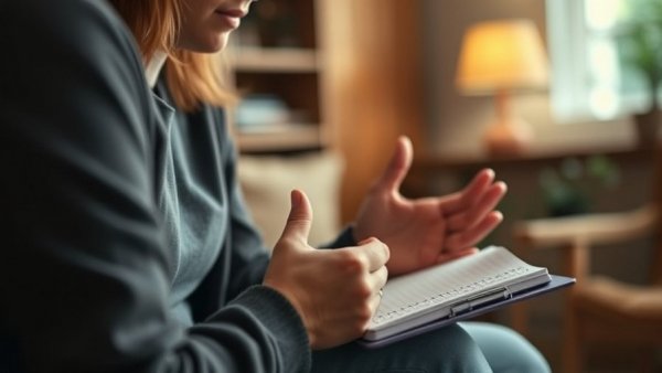 Counselor with notebook during a session, related to Michigan mental health framework.