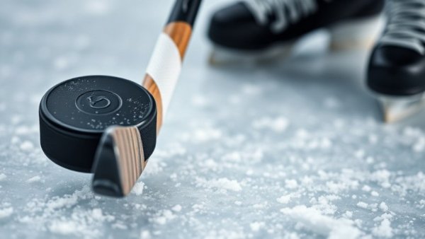 Close-up of hockey stick and puck on ice, symbolizing Michigan hockey championship history.