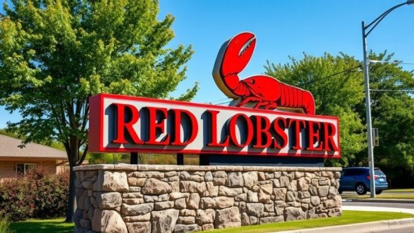 Red Lobster restaurant sign with stone base in sunny suburban area.