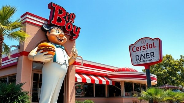 Retro Big Boy restaurant with iconic sign and mascot statue.