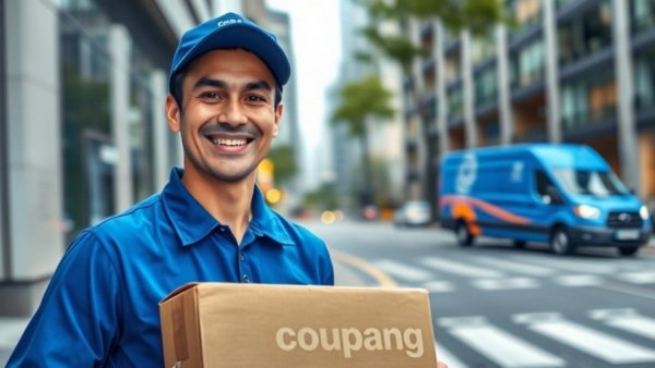 Courier delivering package from Coupang truck on urban street.