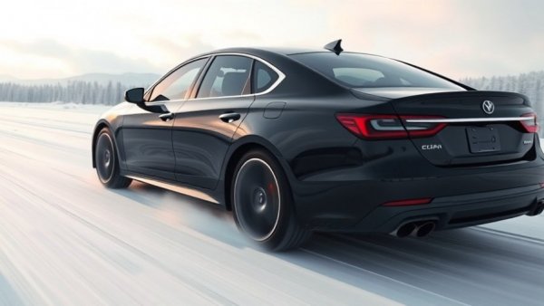 Sleek black sedan speeding during winter vehicle testing in Sweden.