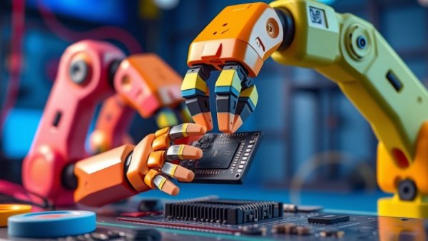 Futuristic robotic arms assemble microchip cartoon style.