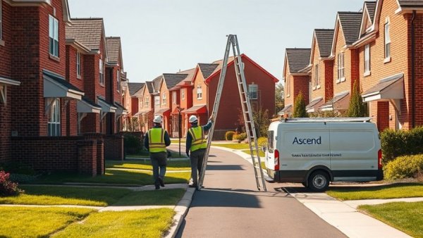Modern suburban street with workers near service van.