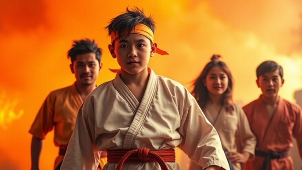 Karate Kid musical tour cast in vibrant orange setting.