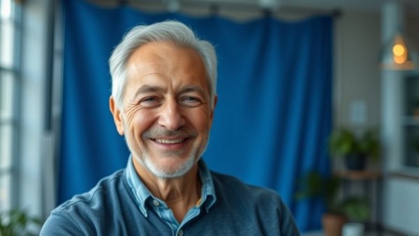 Well-groomed older man posing, blue backdrop setting.
