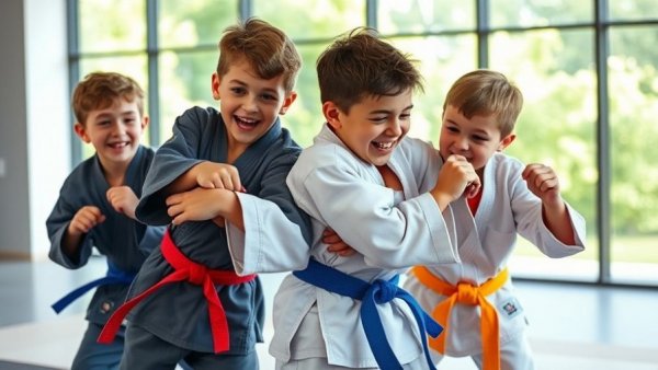 Young boys practicing martial arts in Bangkok gym, smiling.