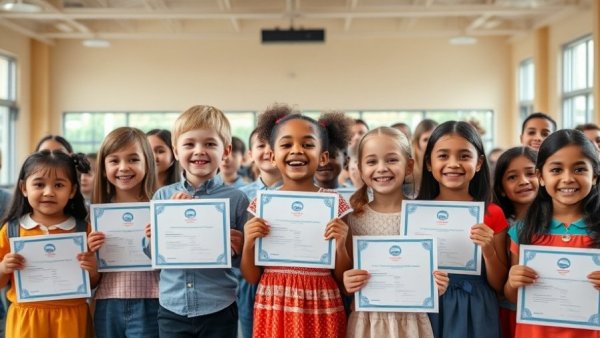 Children celebrating in school assembly promoting confidence and leadership.