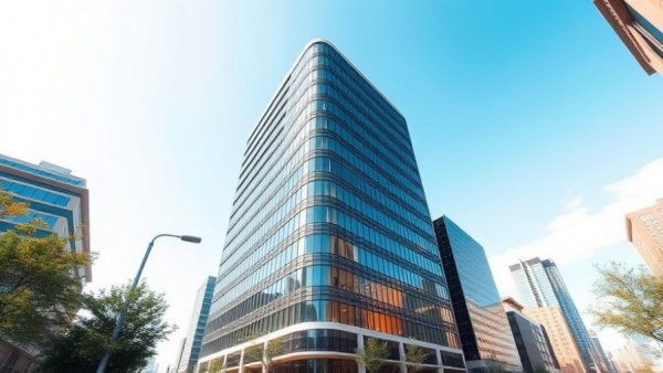Modern office building under clear sky symbolizing online marketing support for SMEs.
