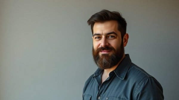 Man with beard smiling casually in a plain interior setting.
