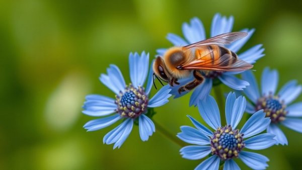 Macro image of bee on blue flower attracting bees.