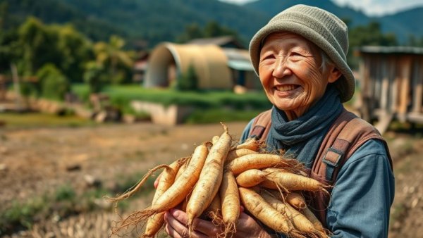Elderly farmer holding South Korea UNESCO heritage ginseng roots in a field.