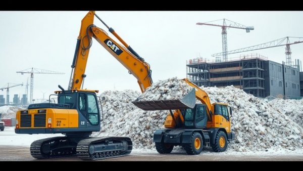 Heavy machinery processing construction waste at snowy site, diverting construction waste.