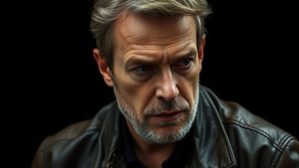 Mature man reflecting on AI disruption in workplaces, cinematic photo.