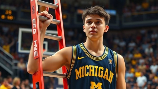 Michigan basketball player during ladder ceremony.
