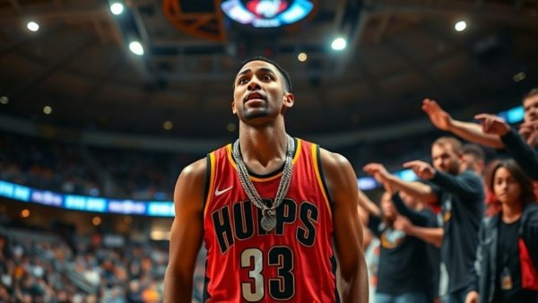 Basketball player in a stadium post-game, engaging with fans.