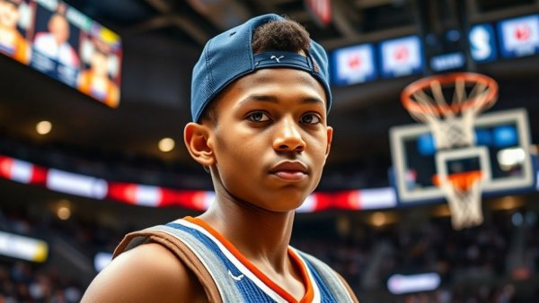 Young athlete in Final Four cap standing on ladder in basketball arena.