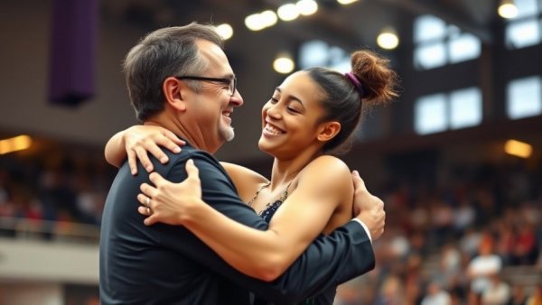 Michigan NCAA gymnastics regionals athlete hugging coach in celebration.