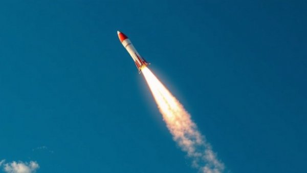 Rocket launch in clear blue sky during Artemis II mission.