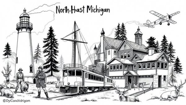 Illustration showcasing Northeast Michigan history elements.