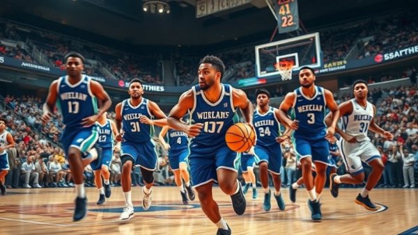 College basketball action during Michigan Arizona Final Four history game.